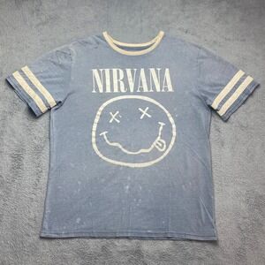 Nirvana Tshirt Mens XL 2016 Smiley Face Ringer Graphic Blue Distressed Rock Band